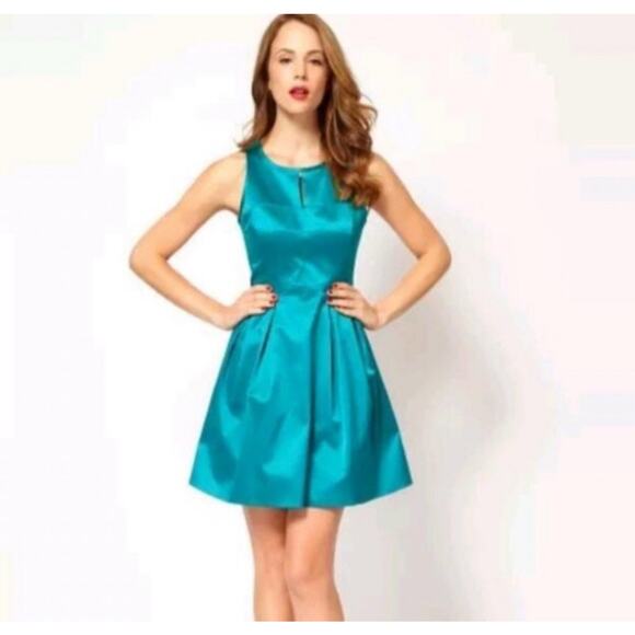 Karen Millen Satin Skater Dress Size 10 Fit & Flare Teal Blue Party Cocktail - Picture 1 of 10